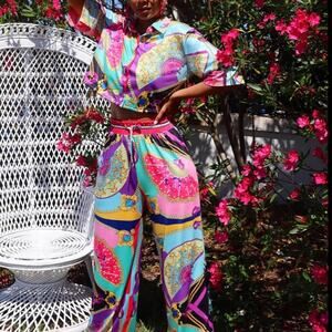 HalfHeart Designer Inspired Multicolor Baroque Print Palazzo Wide Leg Pants Med